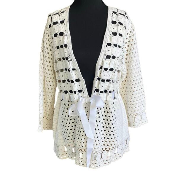 Chico’s Hand Crocheted White Cotton Cardigan Sweater Jacket Size 3 (XL) tie - Picture 1 of 9